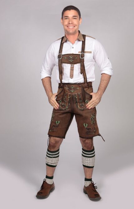Men Lederhosen Brown Green Deer Motifs LH-26